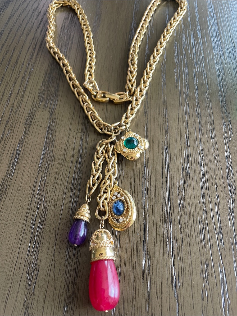 Vintage Givenchy Gold Multi-Drop Pendant Necklace with Pink, Purple & Green